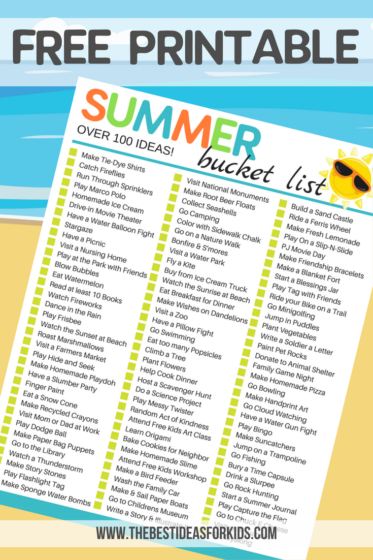 Free Summer Bucket List for Teens Printable Checklist