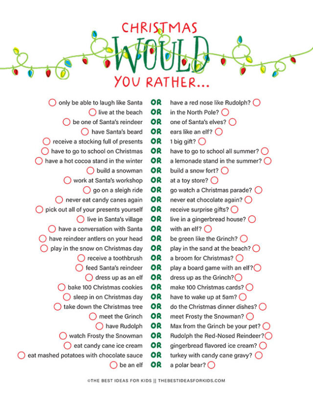 50 Christmas Would You Rather Free Printables DIY Crafts