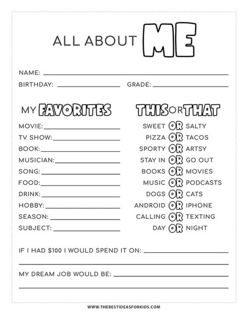 All About Me Worksheet (Free Printables) - The Best Ideas for Kids