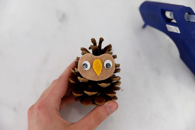 Felt face glued onto pine cone