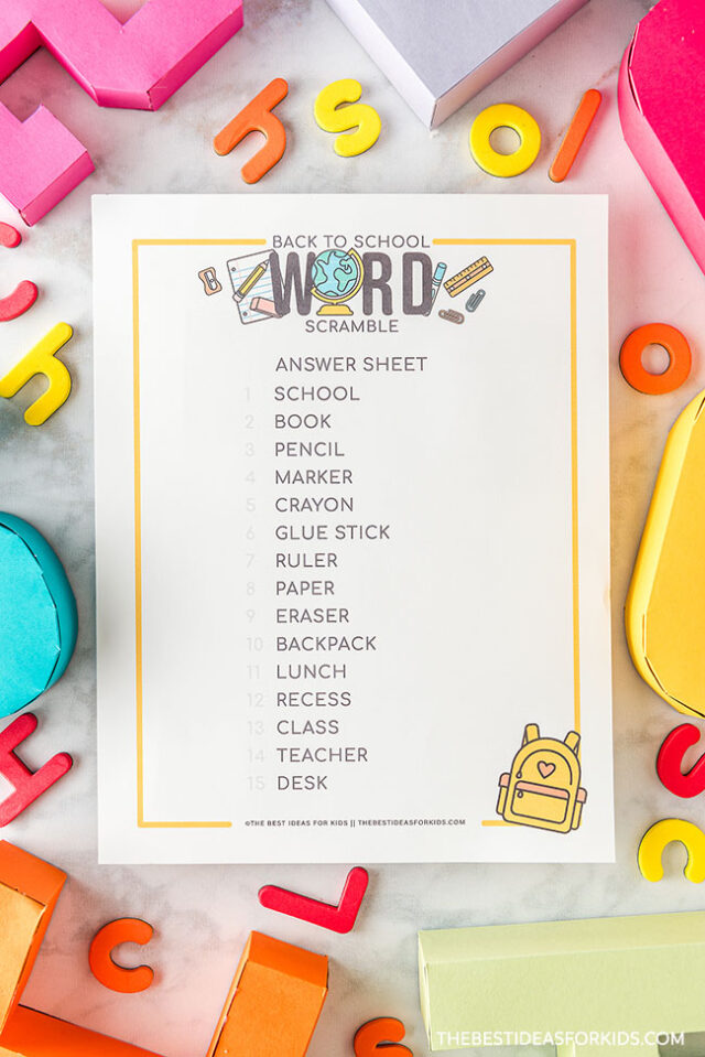 Back to School Word Scramble Answer Sheet