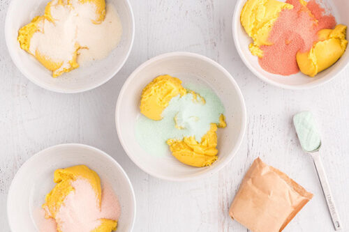 Jello powder added to bowls