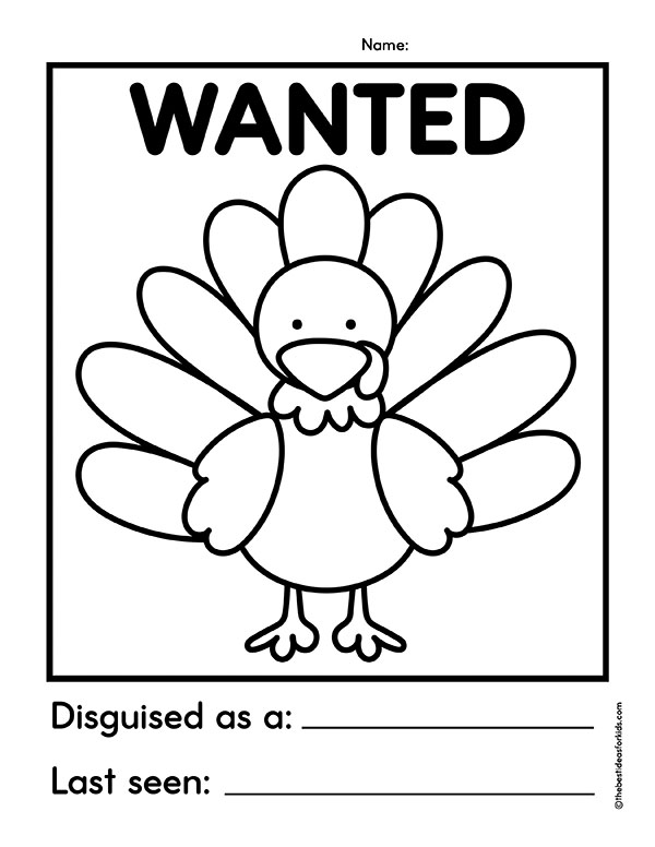 Wanted Turkey in Disguise Template