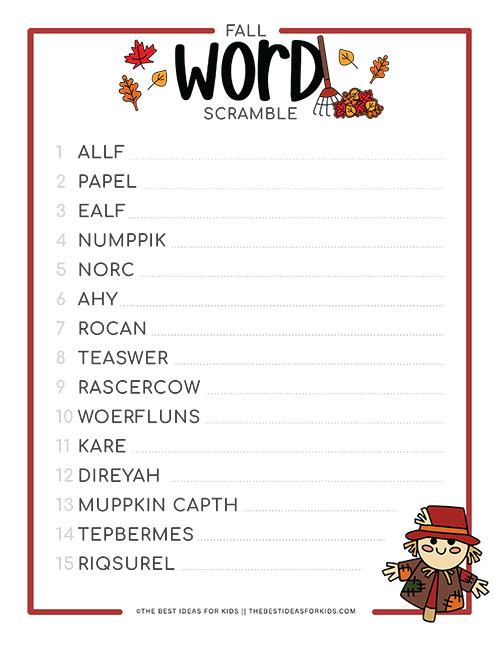 fall word scramble free printable