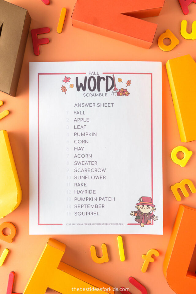 Answer Sheet Fall Word Scramble