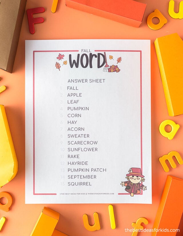 Fall Word Scramble Answer Sheet