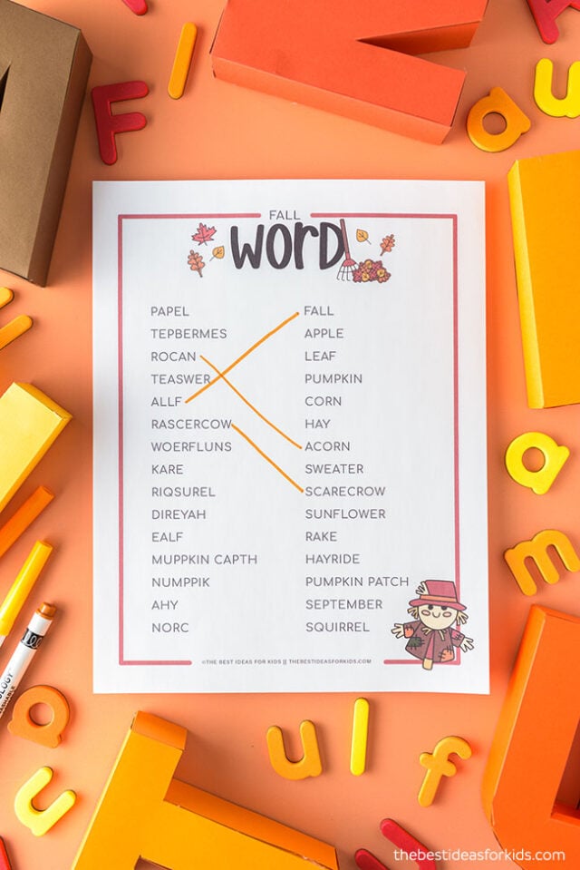 Fall Word Scramble Match Sheet