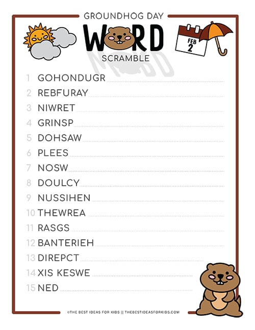 Groundhog Day Word Scramble Sheet