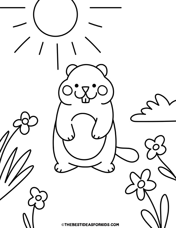 Groundhog with Flowers Coloring Page